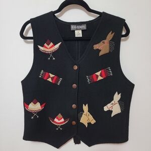 Vintage Western Black Wool Vest with Embroidered Donkey Sombrero Hat Size Medium